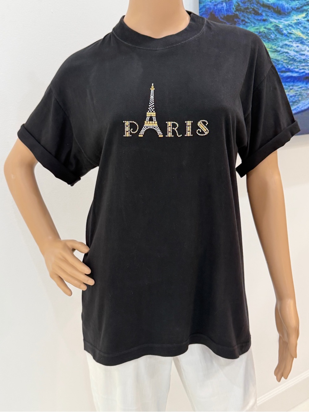 Cute Paris/Eiffel Tower Black Tee, Silvertone/Goldtone Studded, Size Small